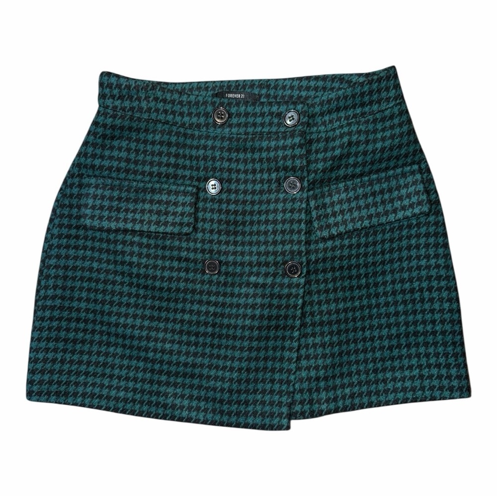 Forever 21 Green Houndstooth Mini Skirt Preppy Dark Academia Button Front Med
